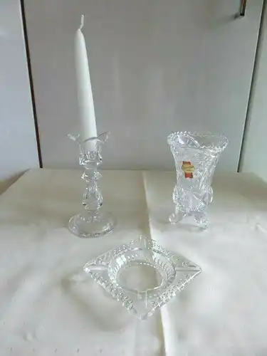 Deko Set Leuchter +Kerze Vase aus Kristall geschliffen, Aschenbecher 3 tlg. DDR