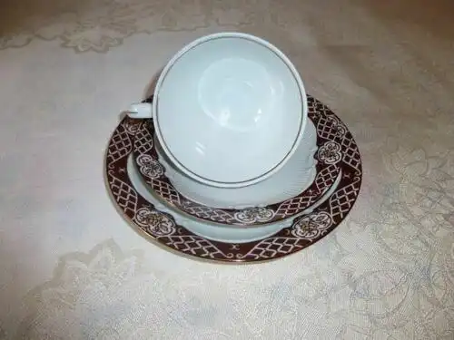 Sammeltasse Kaffeegedeck 3 teilig Colditz Porzellan Lettin Braun Dekor Vintage
