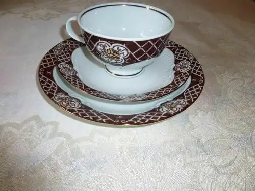 Sammeltasse Kaffeegedeck 3 teilig Colditz Porzellan Lettin Braun Dekor Vintage