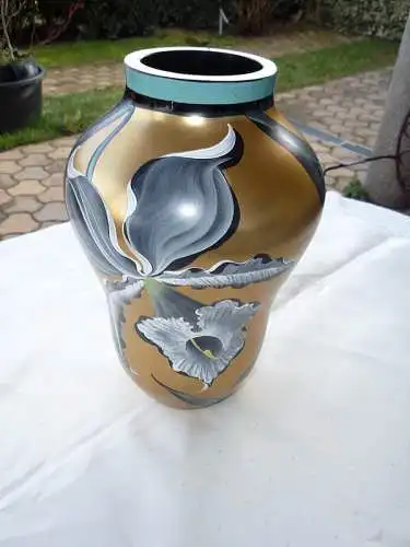 Große Vase aus Glas handbemalt Motiv Orchidee 24,5 cm Kunst CSSR Tschechoslowakei