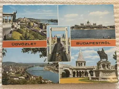 [Echtfotokarte farbig] Üdvözlet Budapestről, Gruss aus Budapest, Greetnigs from Budapest. 