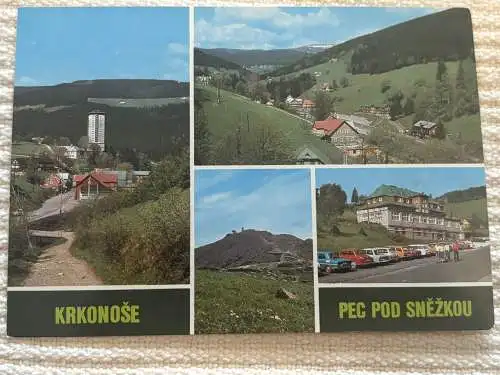 [Echtfotokarte farbig] Krkonose - PEC pod Znezkou - Riesengebirge,
Hotel Horizont, Schneekoppe, Arche. 