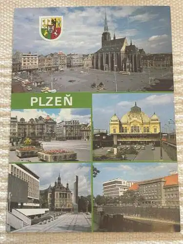 [Echtfotokarte farbig] Plzen, Pozdrav z Plzne,
Pilsen, Gruss aus Pilsen. 