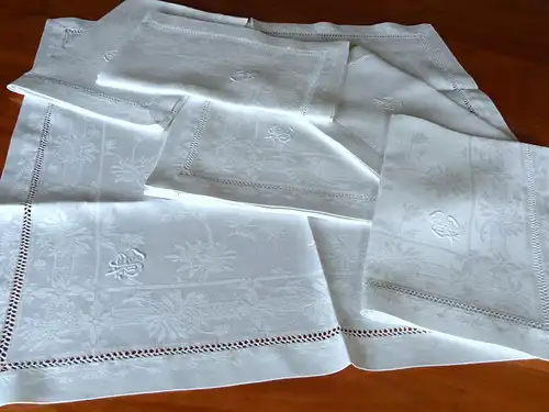 10 große antike LEINEN SERVIETTEN mit  HOHLSAUM HANDARBEIT und MONOGRAMM  "F B" weiß 63 x 63 STOFFSERVIETTEN TAFELSERVIETTEN