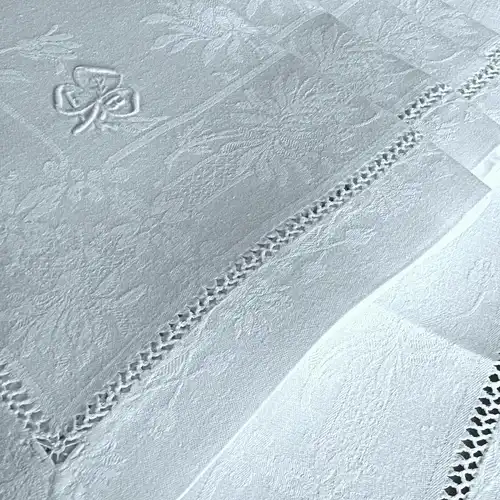 10 große antike LEINEN SERVIETTEN mit  HOHLSAUM HANDARBEIT und MONOGRAMM  "F B" weiß 63 x 63 STOFFSERVIETTEN TAFELSERVIETTEN