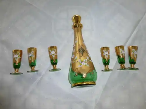 Bohemia Glas Likör Set 1 Karaffe + Deckel + 6 Likör-Gläser grün gold Blütenmotiv