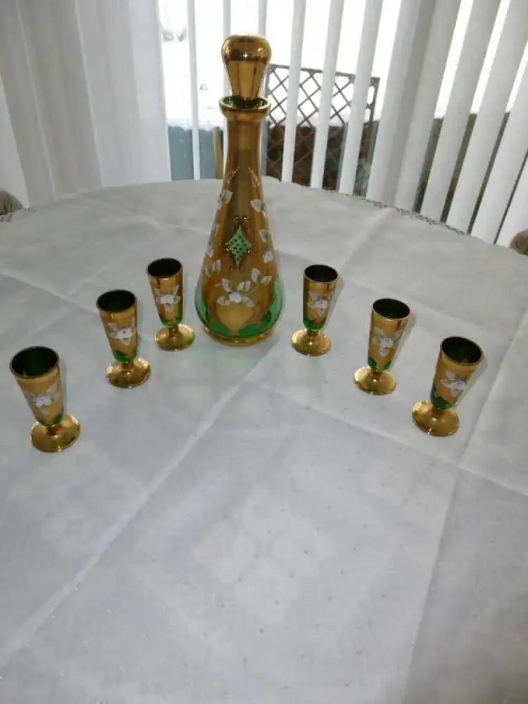 Bohemia Glas Likör Set 1 Karaffe + Deckel + 6 Likör-Gläser grün gold Blütenmotiv 2