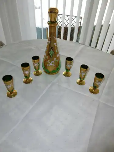 Bohemia Glas Likör Set 1 Karaffe + Deckel + 6 Likör-Gläser grün gold Blütenmotiv