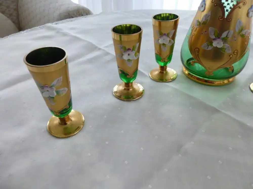 Bohemia Glas Likör Set 1 Karaffe + Deckel + 6 Likör-Gläser grün gold Blütenmotiv 3