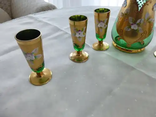 Bohemia Glas Likör Set 1 Karaffe + Deckel + 6 Likör-Gläser grün gold Blütenmotiv