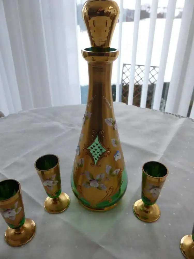 Bohemia Glas Likör Set 1 Karaffe + Deckel + 6 Likör-Gläser grün gold Blütenmotiv 4