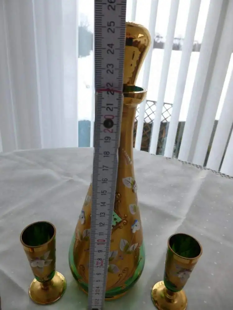 Bohemia Glas Likör Set 1 Karaffe + Deckel + 6 Likör-Gläser grün gold Blütenmotiv 5