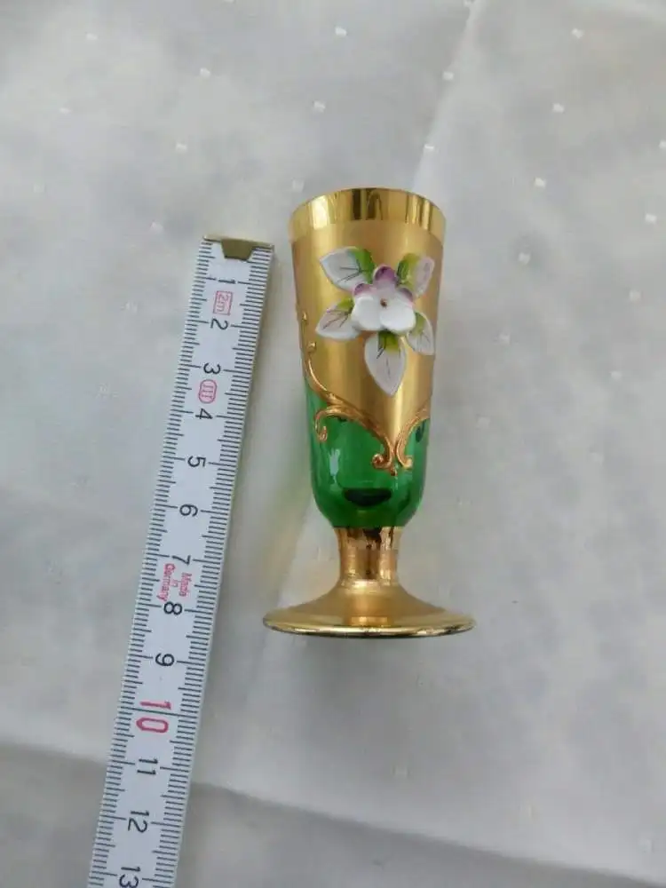 Bohemia Glas Likör Set 1 Karaffe + Deckel + 6 Likör-Gläser grün gold Blütenmotiv 6