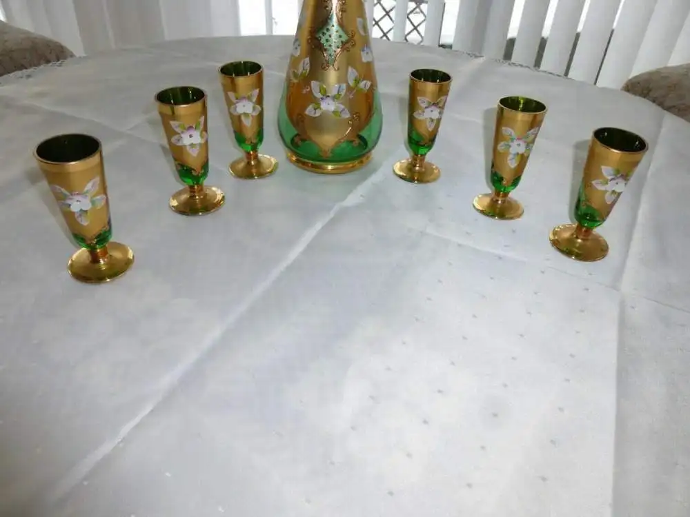 Bohemia Glas Likör Set 1 Karaffe + Deckel + 6 Likör-Gläser grün gold Blütenmotiv 7