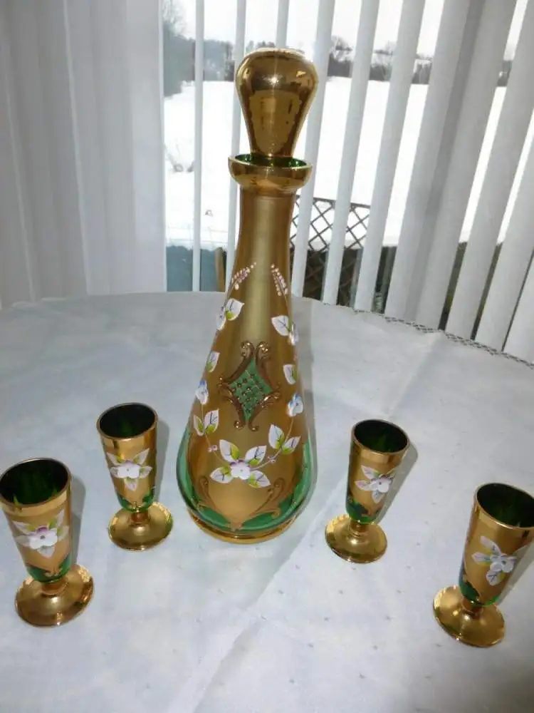 Bohemia Glas Likör Set 1 Karaffe + Deckel + 6 Likör-Gläser grün gold Blütenmotiv 8