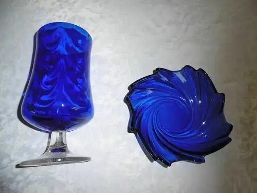Schale Lauscha Glas Thüringen DDR, Vase und Schale , Blau, 2 St. - Handarbeit