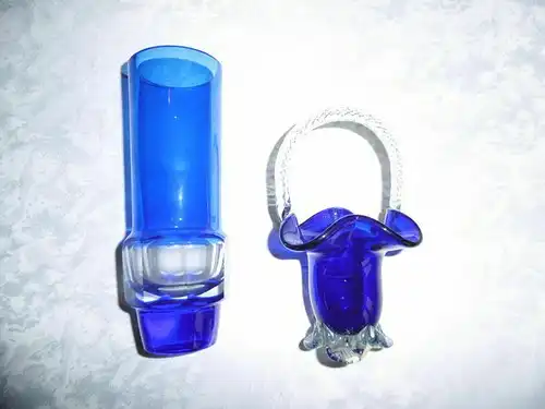 Dekovase blau Lauscha Glas DDR, Ziervase und Schale, 2 Stck. - Handarbeit