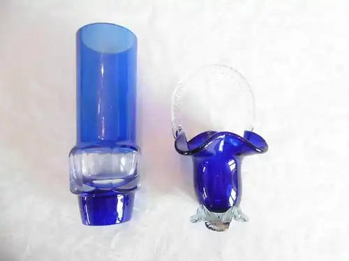 Dekovase blau Lauscha Glas DDR, Ziervase und Schale, 2 Stck. - Handarbeit