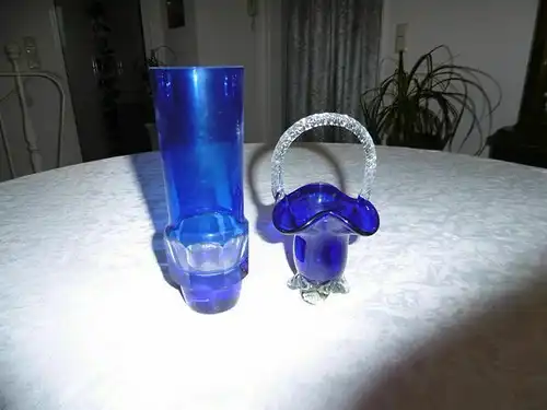 Dekovase blau Lauscha Glas DDR, Ziervase und Schale, 2 Stck. - Handarbeit