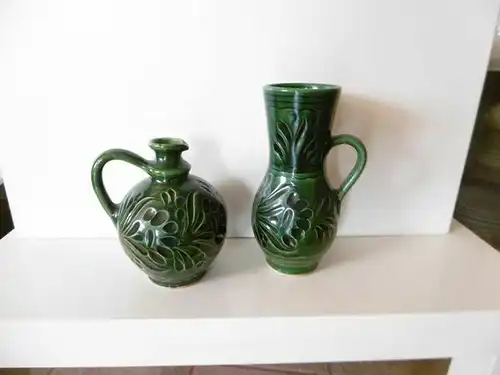 Vase Deko 2 tlg. Set aus Keramik Grün Rund und Länglich Handarbeit Volkskunst