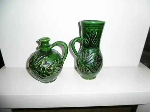 Vase Deko 2 tlg. Set aus Keramik Grün Rund und Länglich Handarbeit Volkskunst