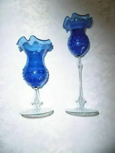 Vase aus Lauscha Glas, Mundgeblasen, Kunstglas, Ziervase, DDR, 2 Stck, Blau