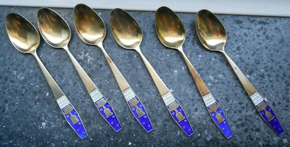 6 Teelöffel Kaffeelöffel 875er Silber Emaille UdSSR 4