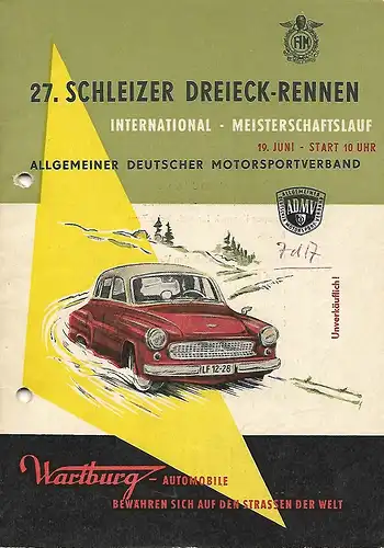 Programmheft vom 27. Internationalen Schleizer Dreieckrennen DDR vom 19. Juni 1960, Format A5, tw. handschriftliche Eintragungen in den Startlisten möglich, gut erhaltener Zustand: Programmheft vom 27. Internationalen Schleizer Dreieckrennen DDR vom...