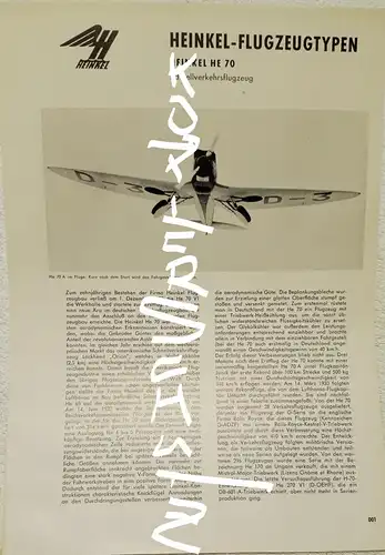 Datenblatt der Heinkel Flugzeugtypen Heinkel HE 70 G