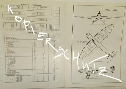 Datenblatt der Heinkel Flugzeugtypen Heinkel HE 70 G