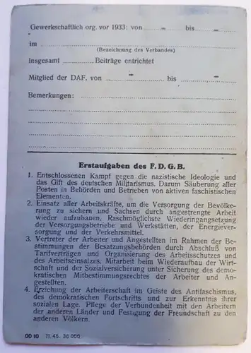 FDGB Mitgliedskarte aus Gründungsjahr 1946 Zwickau und Umgebung
