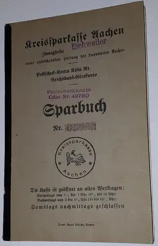 Sparbuch Nr.05293 Kreissparkasse Aachen Zweigstelle Eschweiler