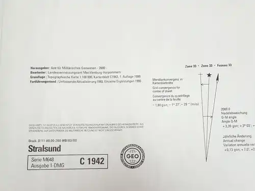 Topographische Karte Bundeswehr Stralsund C 1942