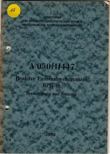 DDR NVA Dienstvorschrift A 050/1/447 Reaktive Panzerabwehrgranate RPG-18. 