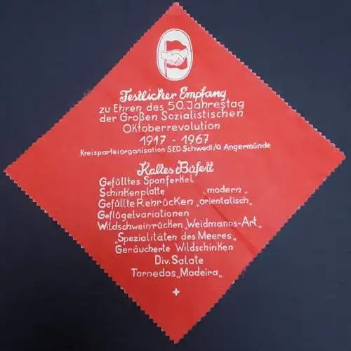 DDR Erinnerungstuch Festlicher Empfang Kreisparteiorganisation SED Schwedt/ Oder