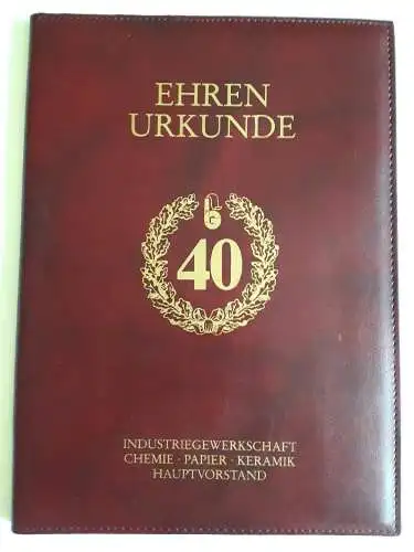 DDR Urkundenmappe 40 Jahre IG Chemie Papier Keramik Hauptvorstand