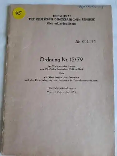 DDR MdI Ordnung Nr.15/79 - Über den Gewahrsam von Personen und die Unterbringung von Personen in Gewahrsamsräumen