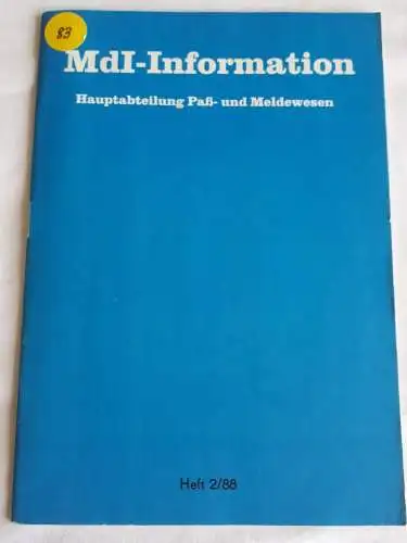 DDR MdI- Information Hauptabteilung Paß- und Meldewesen 2/88