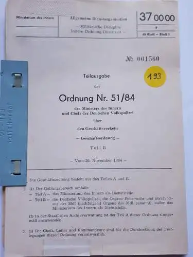 DDR MdI Teilausgabe der Ordnung Nr.51/84 Geschäftsordnung