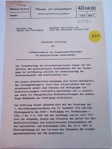 DDR MdI Gemeinsame Anweisung zur Verfahrensweise bei Eigentumsverfehlungen im sozialistischen Einzelhandel