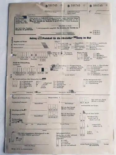 DDR MdI Antrag und Protokoll für die Alkoholbestimmung im Blut blanko