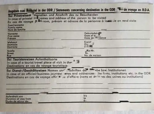 DDR MdI Zählkarte für Statistik und Reiseservice