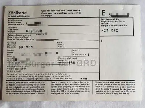 DDR MdI Zählkarte für Statistik und Reiseservice