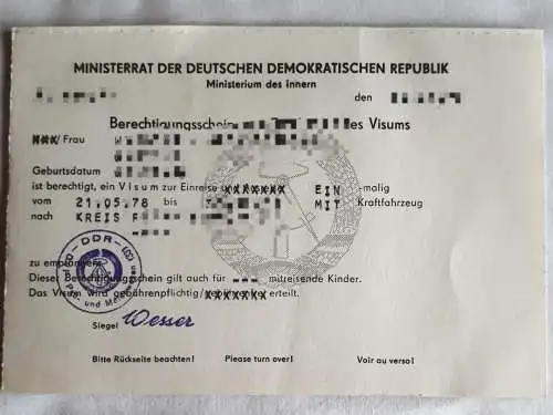 DDR MdI Berechtigungskarte zum Empfang eines Visums