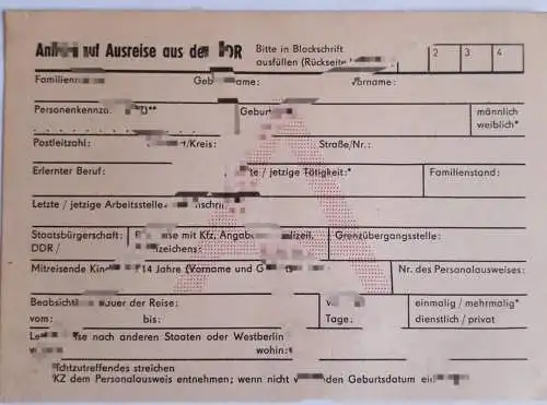 DDR MdI Antrag auf Ausreise aus der DDR blanko