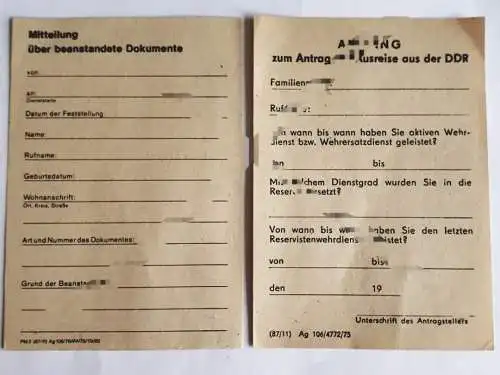 DDR MdI Anhang zum Antrag auf Ausreise aus der DDR blanko