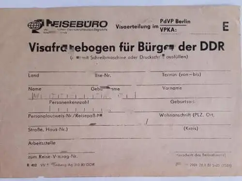 DDR MdI Visafragebogen für Bürger der DDR