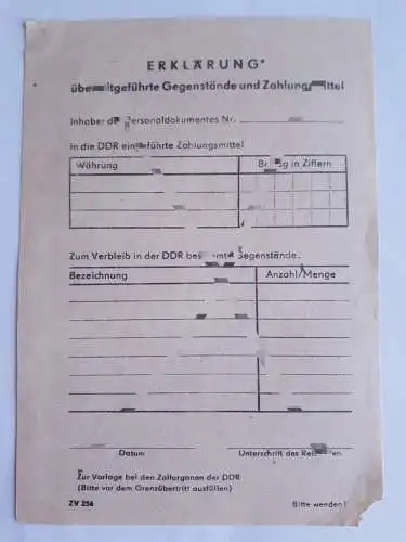 DDR MdI Erklärung über mitgeführte Gegenstände und Zahlungsmittel