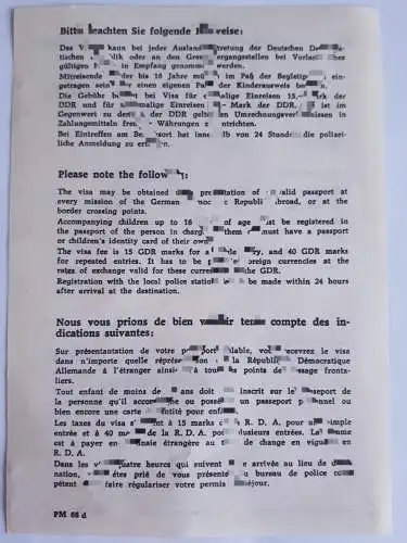 DDR MdI Berechtigungsschein zum Empfang eines Visums