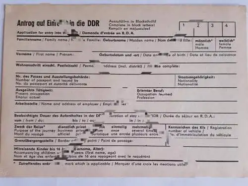 DDR MdI Antrag auf Einreise in die DDR blanko